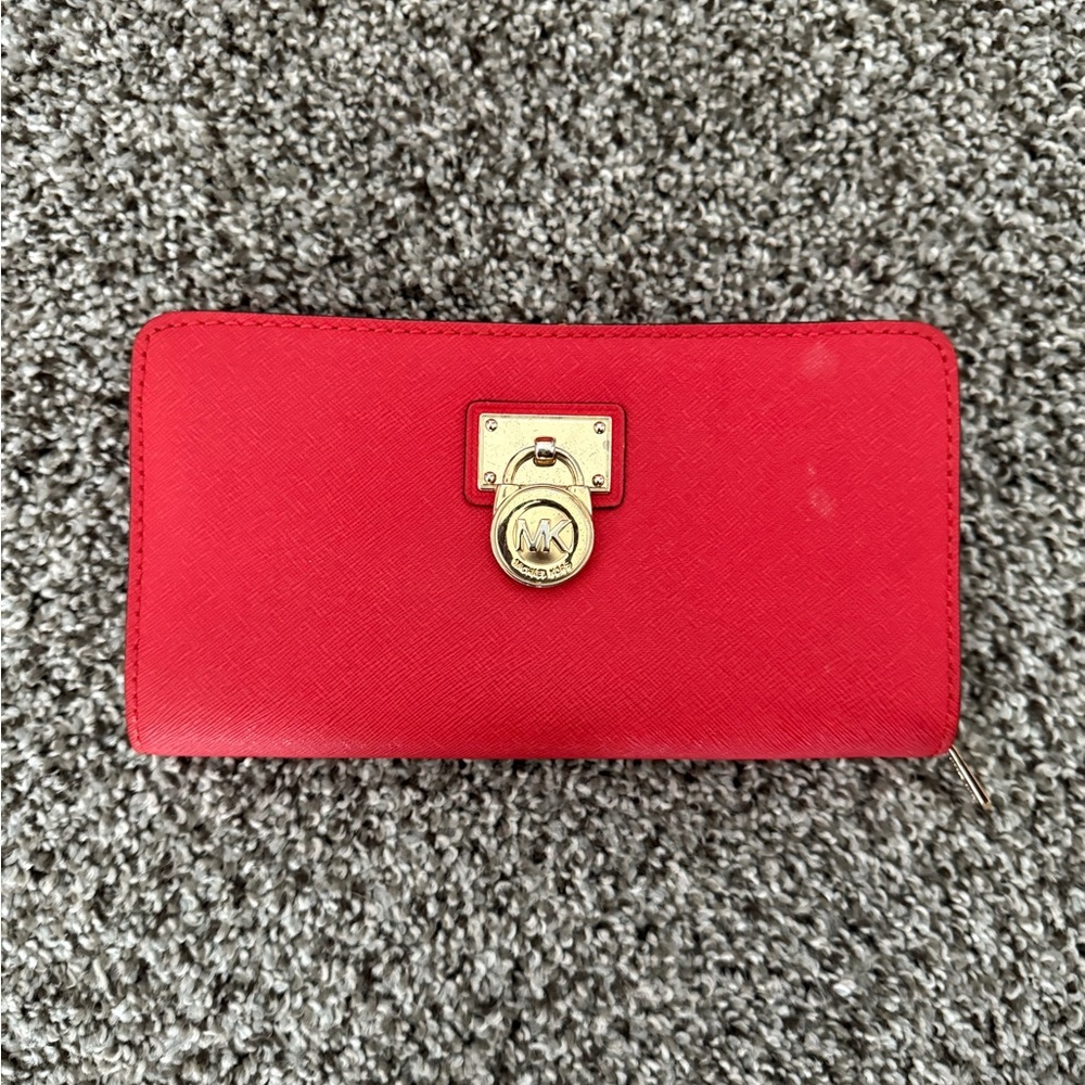 Michael Kors Saffiano Leather Zip Wallet - Red with Gold Lock Detail